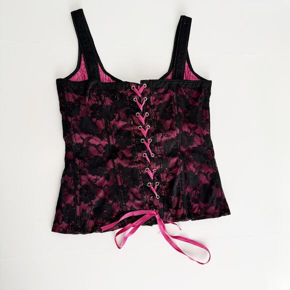 [Tripp NYC] Black Pink Y2K Floral Print Lace Hook & Eye Corset Top Size Large L - Picture 2 of 12